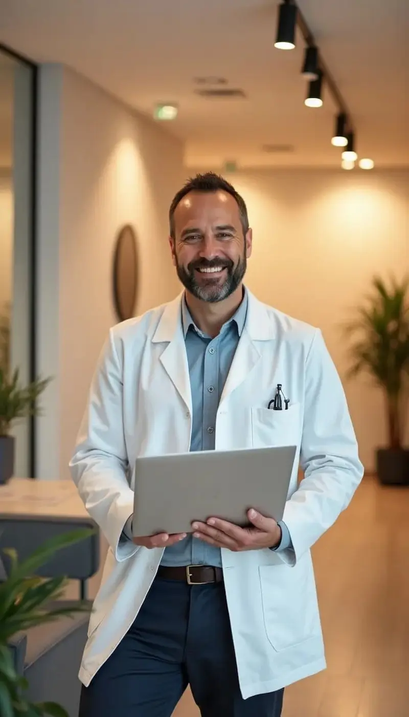 Médico en bata blanca sonriente con laptop